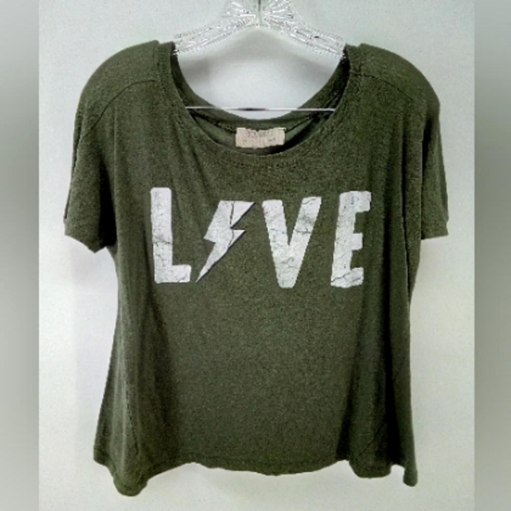 Zara Trafaluc Live Love Thunderbolt Olive Green Tee Top S Retro